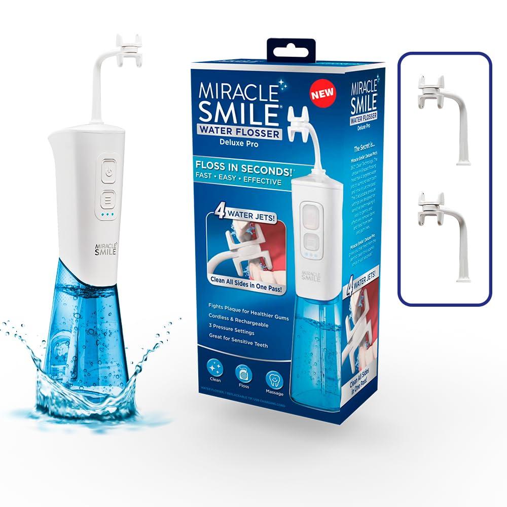 Ontel Miracle Smile Water Flosser for Teeth & Gum Health, Unique H-Shaped Flossing Head&4 Water Jets, Cordless Water Flosser Features 360 Cleaning&3 Pressure Modes, USB Rechargeable Dental Floss, White