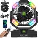 RUNTOP 20000mAh Camping Fan, Oscillating High Speed Rechargeable Battery Operated Fan w/RGB Light,Remote,Hanging Hook, Outdoor Portable Fans Battery Powered Personal USB Desk Fan for Tent, Travel