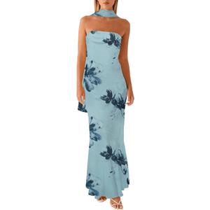 SKAYS Women's 2026 Tube Dress with Scarf Floral Strapless Summer Wedding Guest Beach Vacation Maxi Long Dress (Blue, S)
