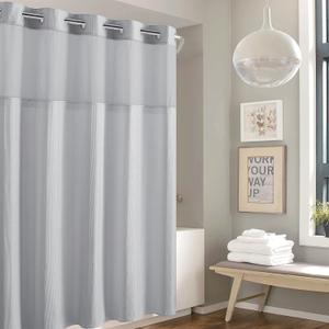 Hookless Its A Snap! Waffle Stripe Shower Curtain, 2-in-1 Shower Curtain Includes Fabric Shower Curtain with Sheer Top Window and Flex-On Rings, Liner Compatible, 71 x 74, Light Grey