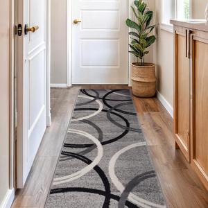 Rugshop Wavy Circles Design Runner Rug, Non-Shedding Carpet for Hallway, Kitchen, or Entryway, Gray, 2'7" x 8' (Grey)