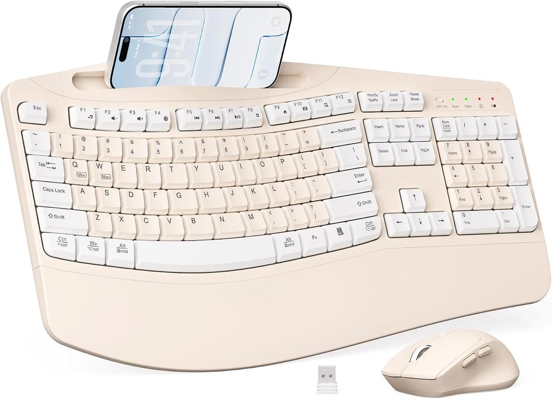 Wireless Keyboard and Mouse Combo, 2.4G Full Size Wave Keys Ergonomic Keyboard with Wrist Rest, Phone Holder, 3-Level DPI Wireless Silent Mouse with 6-Buttons, for Windows (Milk Tea-A)