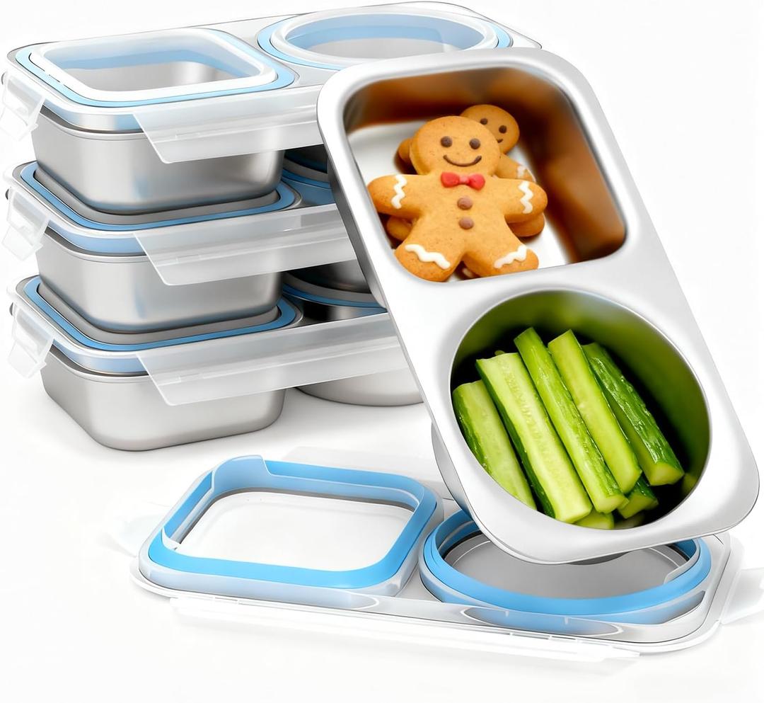 Bakpoco 4 Packs Stainless Steel Snack Containers For Kids Adults, 2 Compartment Reusable Metal Snack Boxes With Leak-Proof Lids, Compact Lunch Food Storage Container, 400ml