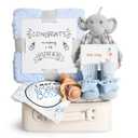 Baby Shower Gifts, Baby Boy Gift Basket Set Newborn Blanket Elephant Lovey Baby Security Blanket Wooden Rattle Toy, Funny Bibs Socks & Greeting Card, New Boys Baby Gift Essentials (Elephant Blue)