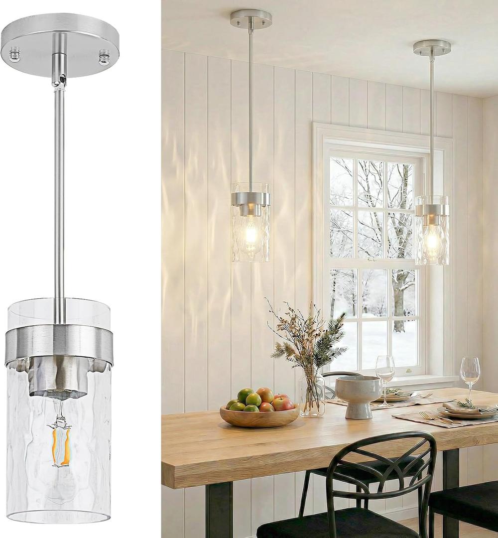 Water Ripple Glass Pendant Lights Kitchen Island Brushed Nickel Pendant Light Fixtures Adjustable Modern Mini Hanging Light for Sink Dining Room Foyer Entryway Bar, 2 Pack
