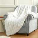 Plush & Plaid Faux Fur Twin Blanket for Couch Sofa, Fuzzy Soft Thick Bubble Blanket for Bedroom Living Room, 60 by 80 inches, White