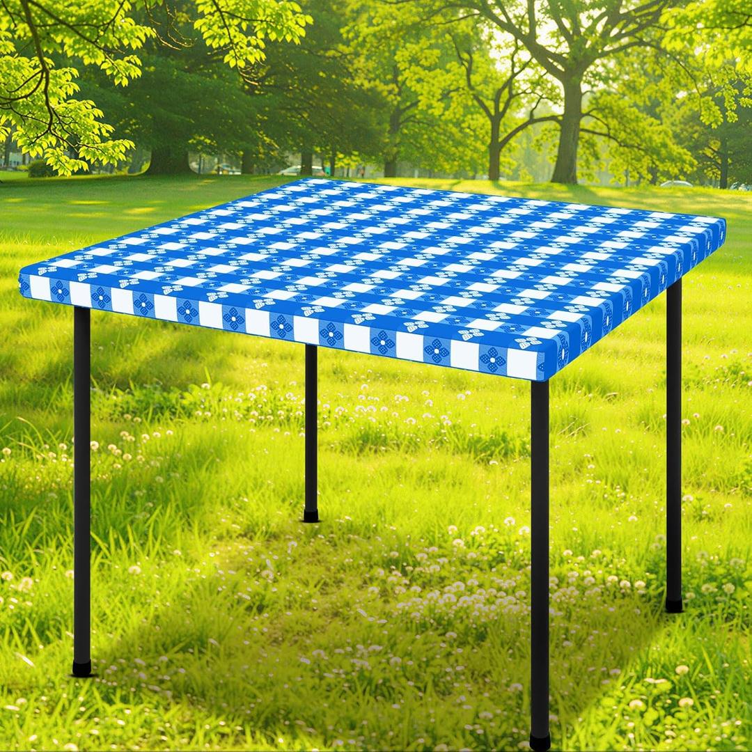 Square Vinyl Table Cloth, Waterproof Elastic Fitted Tablecloth with Flannel Backing, Plastic Table Cover for Picnic, Camping, Outdoor (Blue & White, 36"x36")