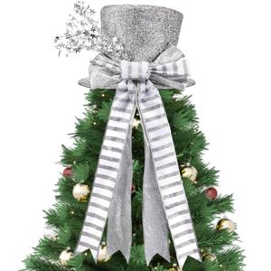 Poen Christmas Tree Topper Hat Shiny Sequins Top Hat with Bow Lengthened Ribbon Tree Topper Santa Christmas Decorations for Xmas Gift Ideas Holiday Winter Party Ornament Supplies (Silver)