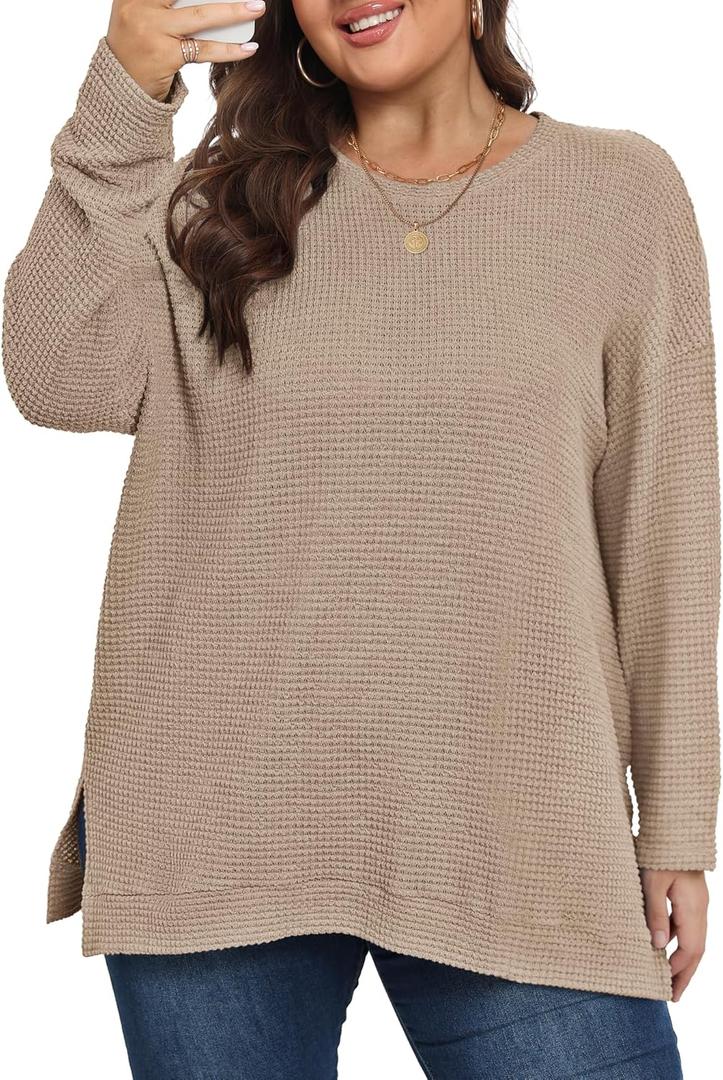 KARALIN Womens Plus Size Tops Fall CrewNeck Waffle Knit Long Sleeve Shirts Side Slits Oversized Sweater Pullover (4X-Large, Khaki)