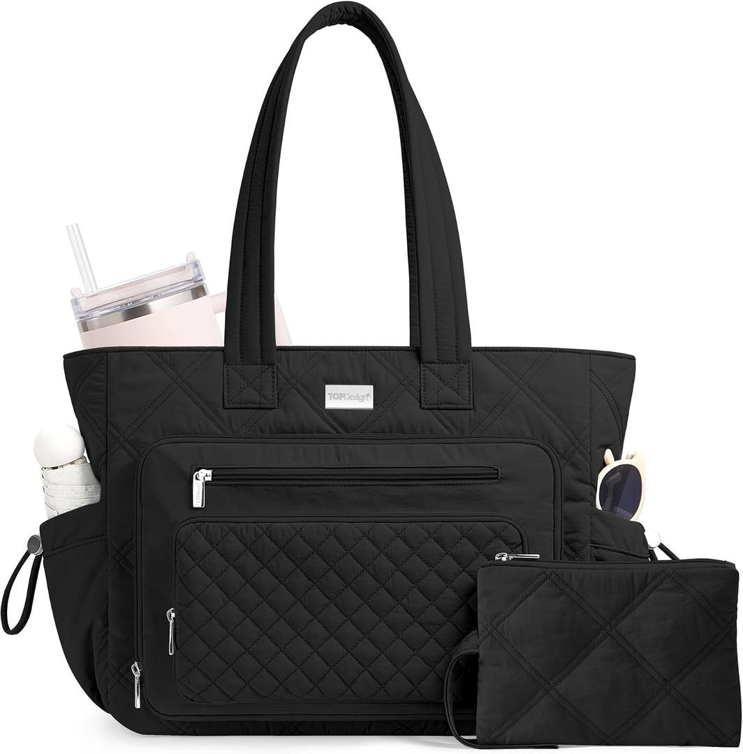 TOPDesign Puffer Laptop Bag for Women, Quilted Teacher Tote Nurse Work Briefcase, Computer Handbag with 40oz Cup Holder