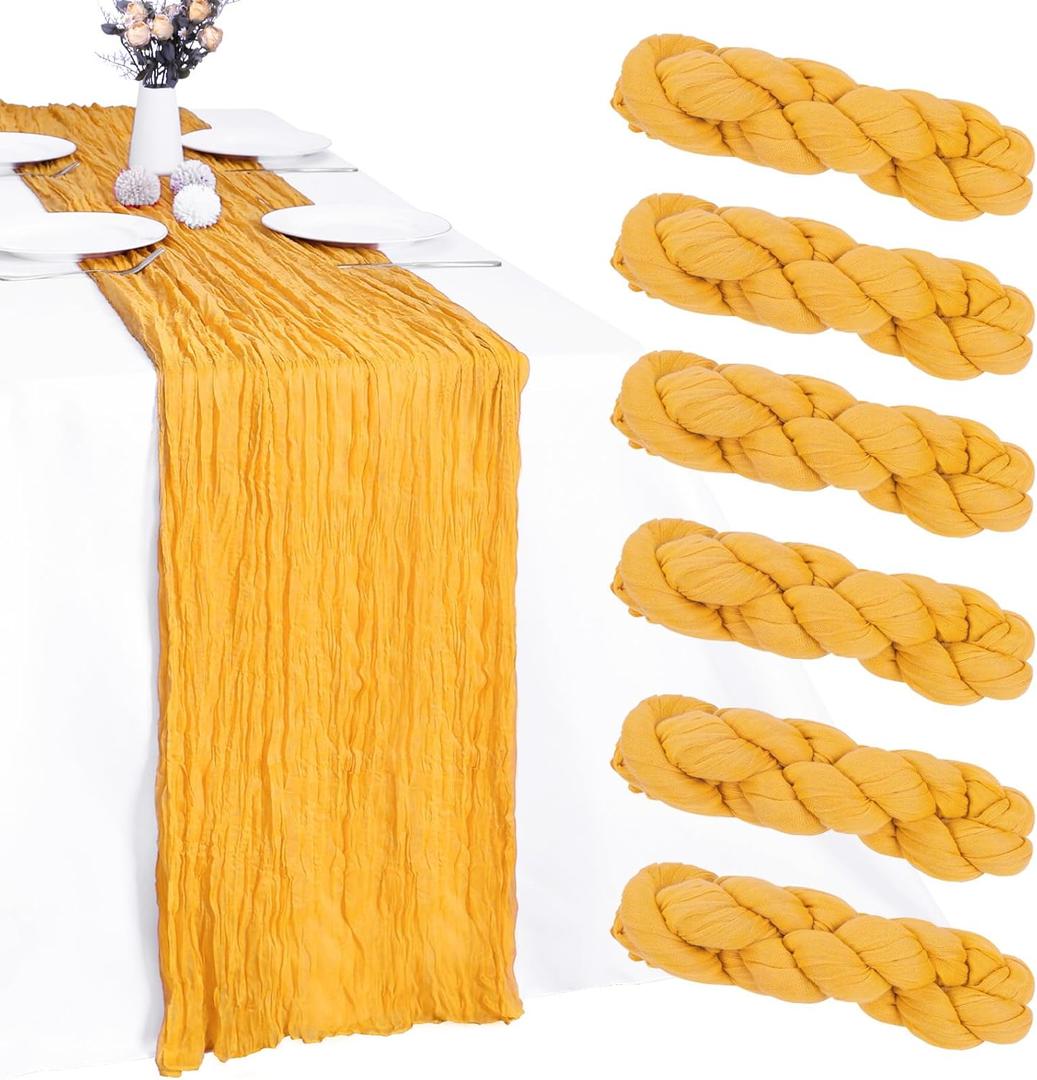 6 Pack Gold Cheesecloth Table Runner 10FT Cheese Cloth Boho Gauze Fabric Table Runner 35 x 120 Inch Rustic Sheer for Holiday Wedding Birthday Baby Shower Party Decoration(Gold)