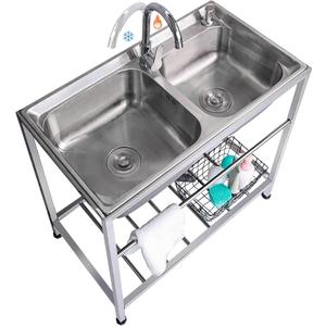 Outdoor Utility Sink Stainless Steel Double Bowl Sink Free Standing Commercial Restaurant Kitchen Sink with Hot and Cold Faucet for Laundry,Garage,Cafe Bar 32.7" x 17.3" x30.3" (Silver Frame)