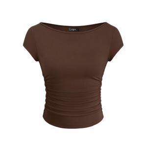ZESICA Women's Summer Boat Neck Short Sleeve T Shirts 2026 Spring Slim Fit Y2k Going Out Crop Tops Basic Trendy Outfits, Brown, XL (Brown, XL)