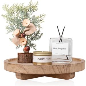 Round Decorative Tray Wood Bathroom Counter Organizer Farmhouse Kitchen Decor Wooden Riser for Soap Dish, Perfume, Candle, Sponge, 8" - Brown