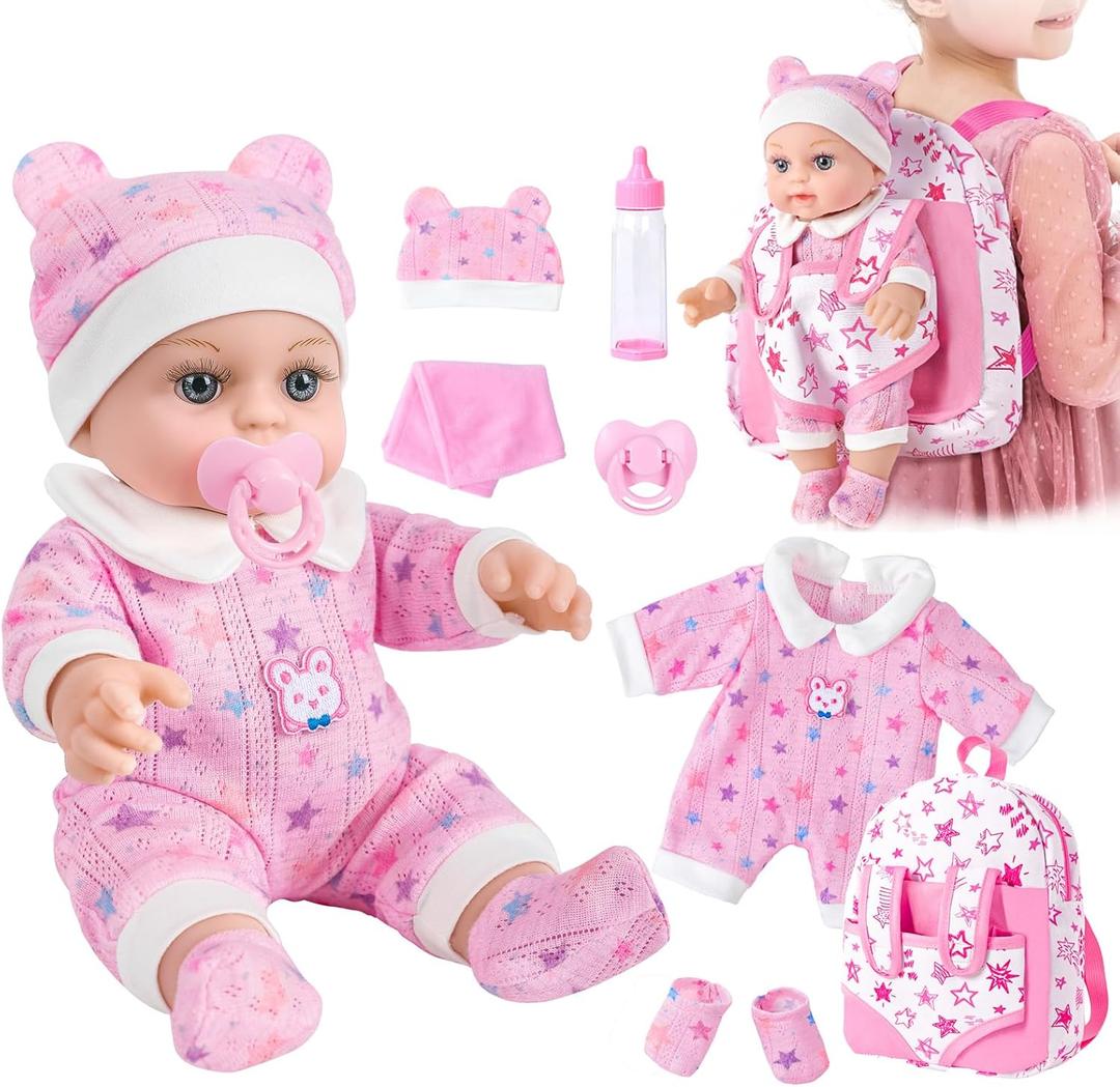 BDDOLL 12" Baby Doll in Gift Box with Pink Backpack, Cloths, Feeding Bottle and Pacifier, First Baby Dolls for Toddlers 3 Years and Up