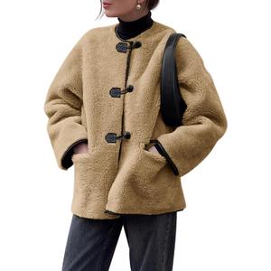 Cicy Bell Womens Faux Fur Jacket Fuzzy Coat Long Sleeve Button Front Warm Winter Outerwear with Pockets (L)