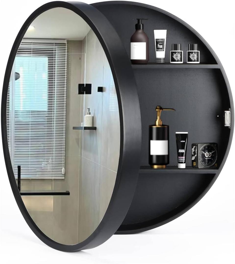 Medicine Cabinet Bathroom Space Saver Storage Round Cabinets with Mirror Surface Wall Mounted Solid Wood Circular Frame 3 Level (Color: Black, Size:20 Inch x 20 Inch