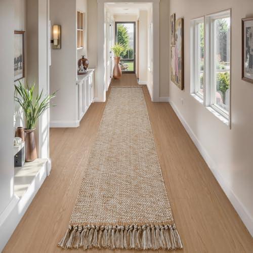 Collive Boho Runner Rug for Hallway, Washable 2.6x16 ft Long Hallway Runners Rug Farmhouse Neutral Kitchen Rug, Woven Cotton Tan/Cream Low Pile Floor Carpet for Entryway Bedroom