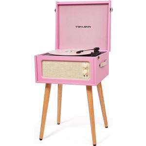 Vintage Standing Pink Vinyl Record Player with Detachable Legs, Built-in 4 Speakers, USB to PC Encoding, 33/45/78 RPM LP Player Bluetooth Retro Turntables Support Headphone Jack, RCA Out, AUX in