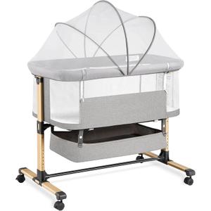 3-in-1 Baby Bassinet Bedside Sleeper, Infant Bedside Bassinet, 6 Adjustable Height, Breathable Mesh, Lockable Wheels, Storage Basket, Easy Folding Portable Crib for Newborn (Grey)