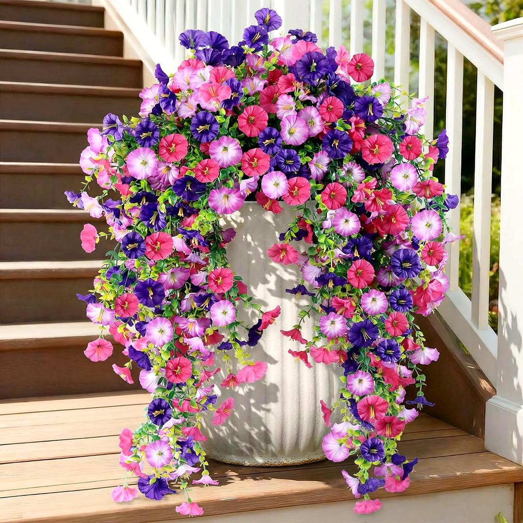 Artificial Hanging Flowers for Outdoors, 5Pcs Faux Silk Fake Morning Glory for Spring Summer, UV Resistant Realistic Plants for Home Garden Porch Patio Balcony Planter Yard (5pcs mixed purple)