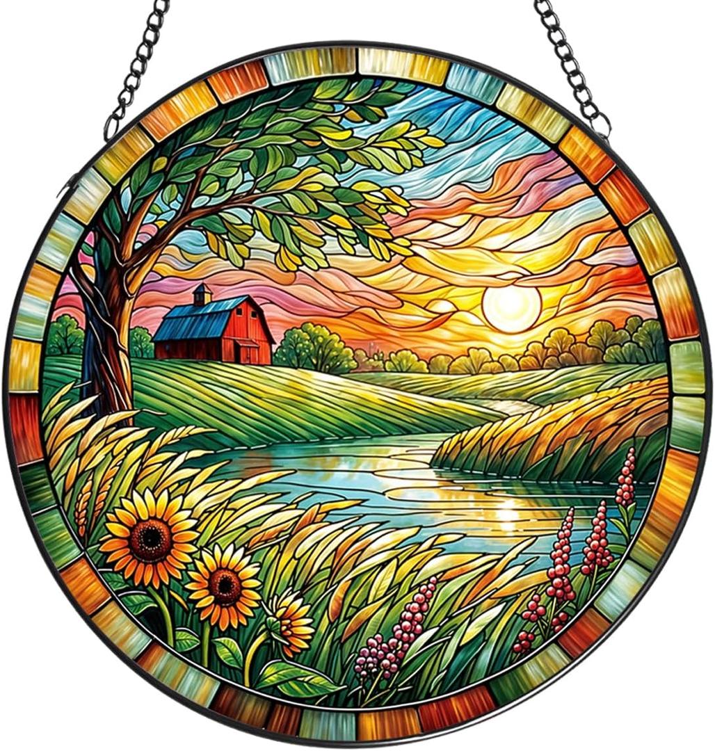 Sunflower Suncatcher,Stained Glass Window Hanging,Farm Landscape Sun Catcher for Windows,Crystal Suncatcher Indoor Home DecorGarden Decor Gift for Women,7.87 in,Mother’s Day