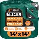 Heavy Duty Poly Tarp - 14' X 14' - 10 Mil Thick Waterproof, UV Blocking Protective Cover - Reversible Green and Black - Laminated Coating - Grommets - by Xpose Safety