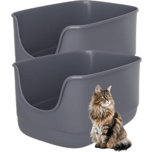 Gefryco Jumbo Cat Litter Box with High Sides, Extra Large for Muti Cats Open Big Cat Litter Box Anti-Splashing, High Wall Litter Tray for Indoor Medium and Large Cats (Pack of 2) (Grey-Grey)