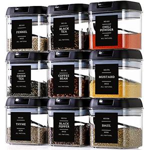 Spice Containers with Labels, 9 Pcs 16 Fl Oz Large Plastic Tea Storage Containers with 148 Spice Labels and 9 Spoons, Square Airtight Seasoning Containers Set with black Lids for Kitchen Pantry Coffee
