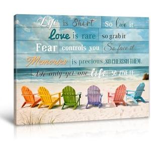 BLINFEIRU Motivational Beach Wall Art - Coastal Inspirational Quotes Wall Decor, Ocean Seascape Beach Chair Canvas Prints, Seaside Sea Wave Pictures for Bathroom Bedroom Office Decor, Framed 16"x12"