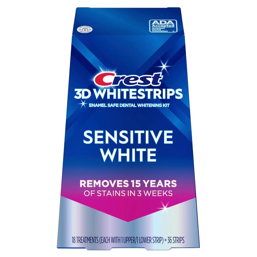 Crest 3D Whitestrips Sensitive At-Home Teeth Whitening Kit, 18 Treatments, Gently Removes 15 Years of Stains, Crest Whitestrips, Teeth Whitening Kit