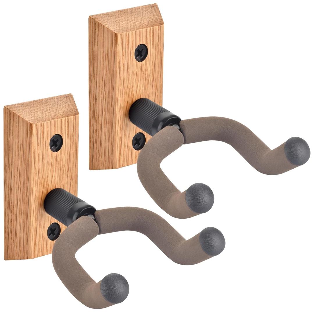 MOREYES Guitar Wall Mount 2 Pack, Guitar Hanger with Rotatable Soft Guitar Holders for All Size Guitars, U-Shaped Guitar Wall Hangers for Acoustic Guitar, Bass, Easy to Install, Oak, Brown