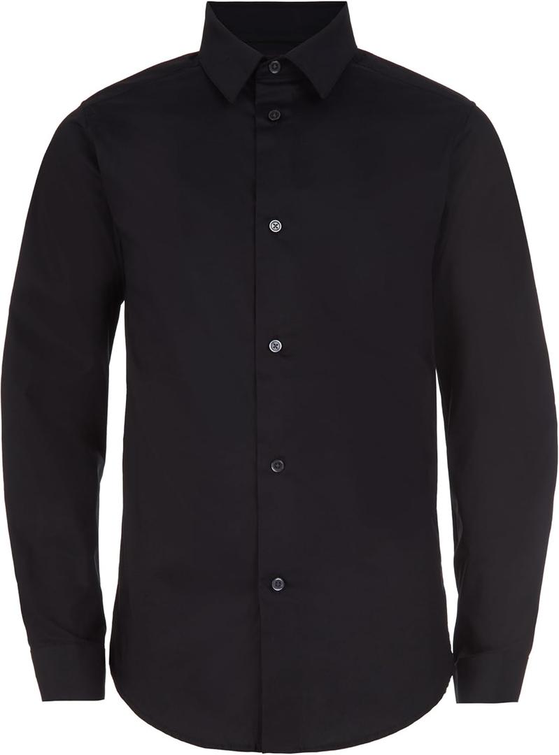 Calvin Klein Boys' Long Sleeve Slim Fit Dress Shirt, Button-Down Style with Cuffs & Shirttail Hem (Black, 16)