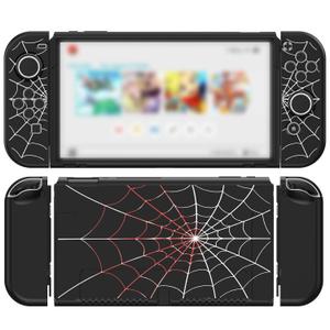 JINGDU Protective Case Compatible with Nintendo Switch OLED 2021, TPU Case Accessory for Nintendo Switch Console and Grip Joy-Con, Switch Protector with 4 Thumb Grips, Black Spider Web