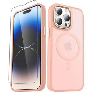 YENAPOON for iPhone 14 Pro Case, Matte Magnetic Phone Case with 1 Screen Protector, Support for Magsafe, Translucent Frosted Slim Shockproof Protective Cover for iPhone 14 Pro 6.1 inch, Pink