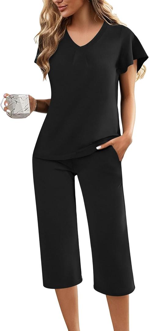 Ekouaer Womens Pajama Sets Ruffle Short Sleeve Sleepwear Top and Capri Pants Pjs Set Comfy 2 Piece Lounge Set S-XXL (Black, S)
