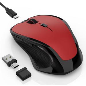 Bluetooth Wireless Mouse, 2.4G Ergonomic Rechargeable Computer Mouse for MacBook Air iPad Pro PC with Jiggler Mode, 3 DPI Levels & Forward/Back Buttons Laptop Mice for Office/Home/School - Red