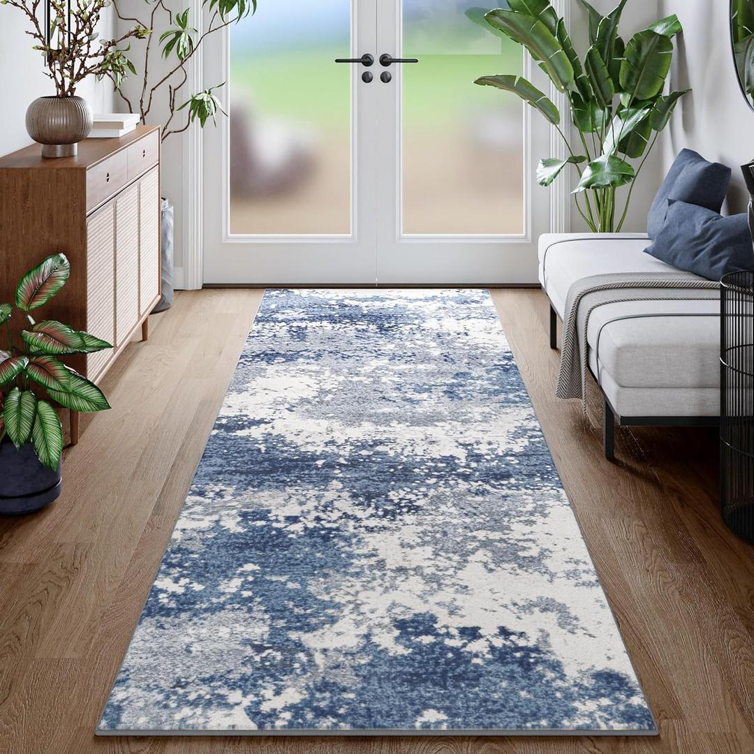 Blue Rug Runners for Hallways Kitchen Non Slip Washable 2x6 Entryway Runner Rugs with Rubber Backing 6ft Long Carpet Runner for Laundry Room Bedroom, Low Pile Stain & Fade Resistant, Abstract Navy