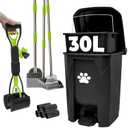 30L Pooper Scooper with Dog Poop Trash Can Outside, Heavy Duty Long Handle Dog Pooper Scooper with Bags, Outdoor Dog Waste Trash Can with Lid, Metal Rake Tray Bin Set for Yard