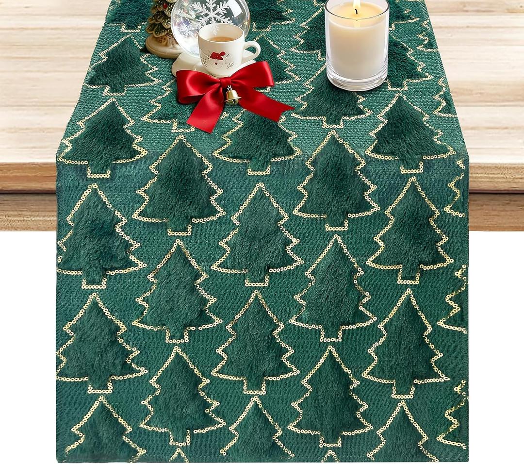 Merry Christmas Table Runner 13x72 Inch Soft Plush Faux Fur Jacquard Green Christmas Tree Xmas Decorations Winter Holiday Christmas Runner for Table Home Kitchen Dining Room Decor