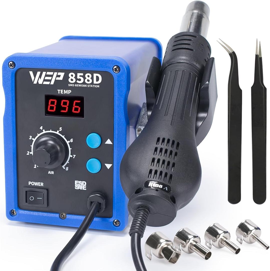 WEP 858D Hot Air Rework Soldering Station with Temperature Control, Adjustable Air Volume, Digital Display for SMD Soldering with 4 Extra Hot Air Nozzles