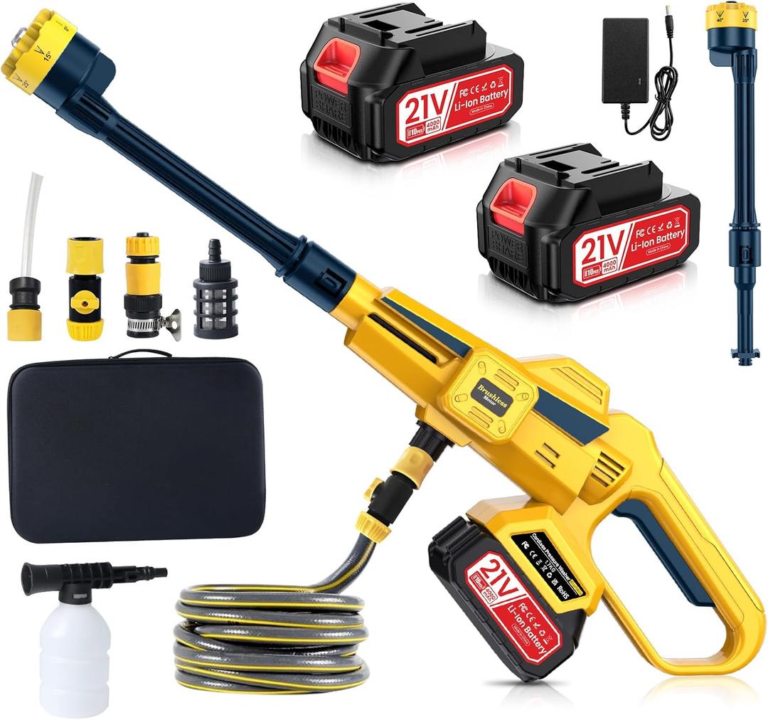 Cordless Pressure Washer Portable with 2 x 4000mAh Batteries,Jet Hawk - Max 652 PSI with 6 in 1 Spray Nozzles, 5m Hose, Soap Dispenser Bottle for Patio Cleaning and Car Washing, Yellow And Black