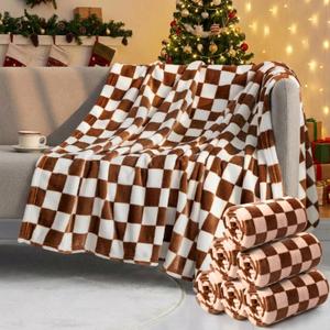 Preboun 6 Pack Fleece Throw Blankets, Buffalo Plaid Lightweight Throws for Sofa, Travel, Office & Bulk Use(50 x 60 Inch,Khaki and White)