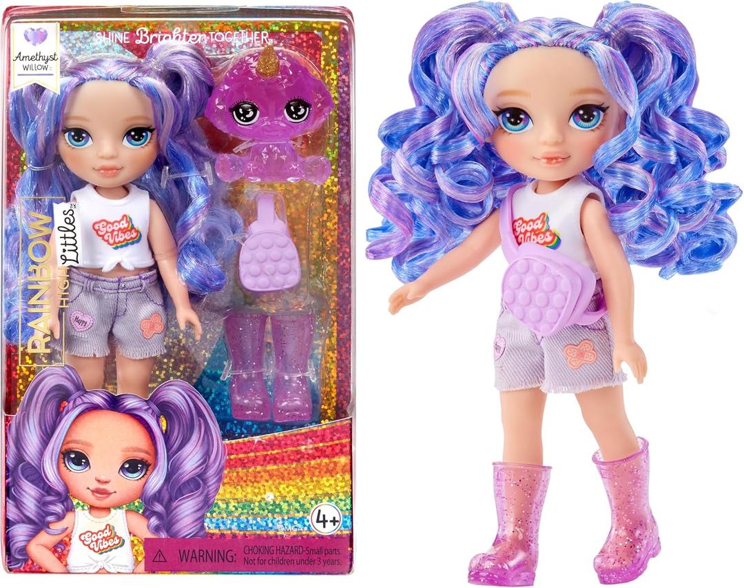Rainbow High Littles  Amethyst Willow, Purple 5.5" Posable Small Doll with Purse, Magical Pet Dog, Girls Toy Gift, Kids Ages 4-12 Years (One Size)