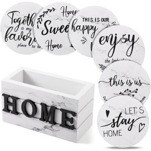 Queekay Coasters Set of 6 House Warming Gifts New Home Wooden Farmhouse Drink Coasters with Holder 4'' Funny Decoration for Kitchen Family Coffee Bar Tabletop Protection(White Marble)