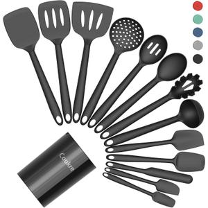 Coukre Silicone Kitchen Cooking Utensils Set with Holder Heat-Resistant, Food-Grade Kitchen Tools, Spatula, Spoon & Gadgets for Non-Stick Pans, Dishwasher Safe (14, PureBlack)