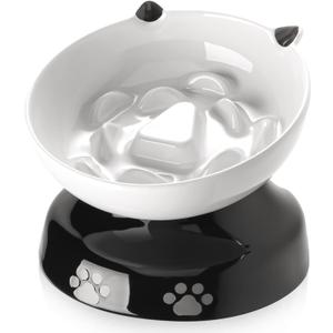 Y YHY Ceramic Cat Slow Feeder, Elevated Dog Food Bowl Tilted Design, Slow Feeder Bowl no Black Chin, Cat Shape for Dry and Wet Food (White)