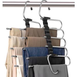 2 Pack Pants Hangers Space Saving- Multi Pants Hanger Save 80% Space - 5 in 1 Pant Rack Hanger for Clothes Organizer, Multifunctional Pants Rack with 10 Stainless Steel Anti-Slip.