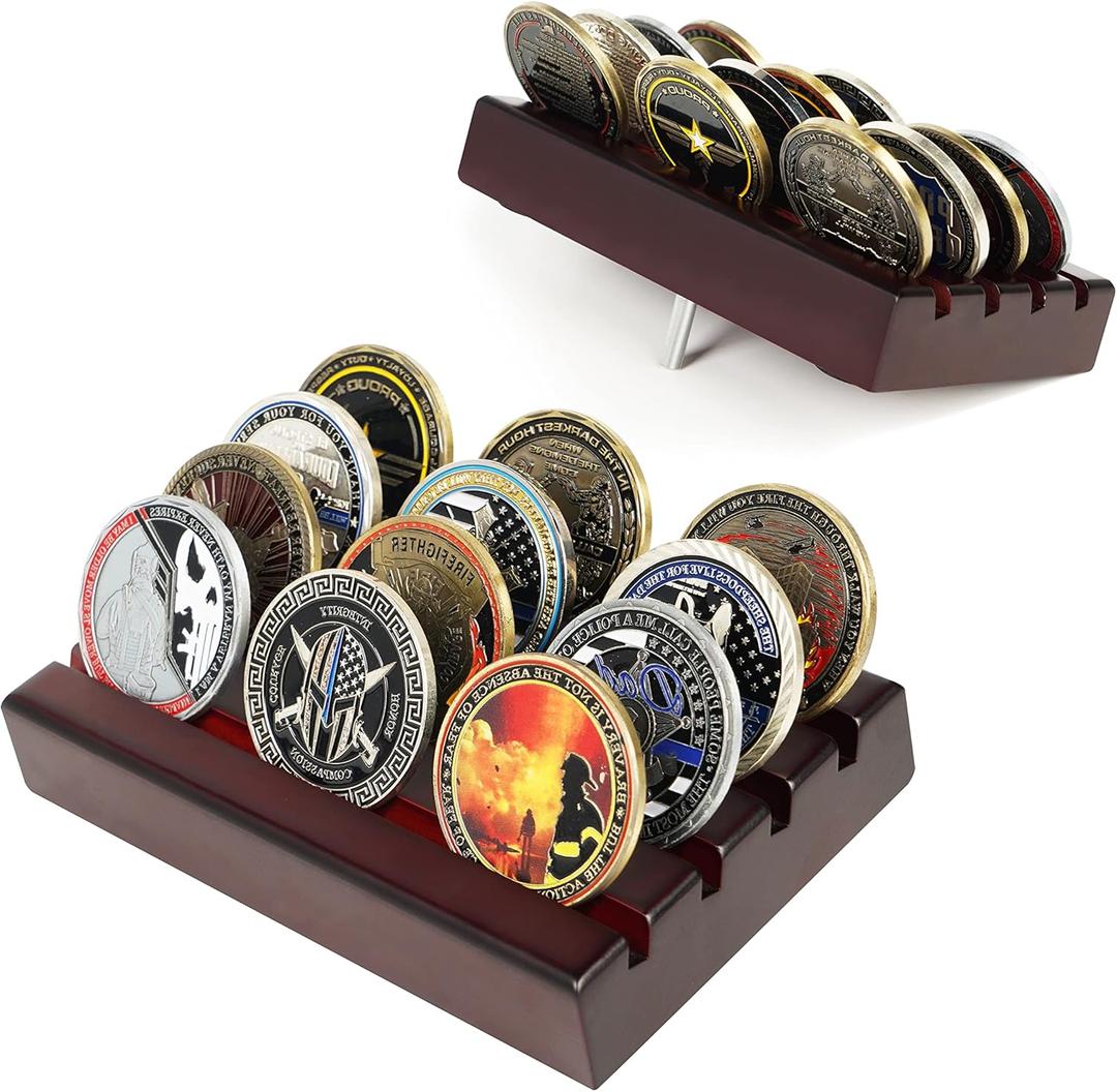 Challenge Coin Holder Display Case 4 Row Solid Wood Military Coin Rack Small Army Coin Stand Holds 12 Coins, Mahogany Finish.