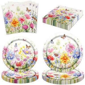 CMUSKO Wildflower Party Decorations, 60Pcs Floral Paper Plates Napkins Table Decorations, Wildflower Decor Tableware Set for Spring Summer Birthday Baby Shower Bridal Shower Garden Tea Party 3Pcs